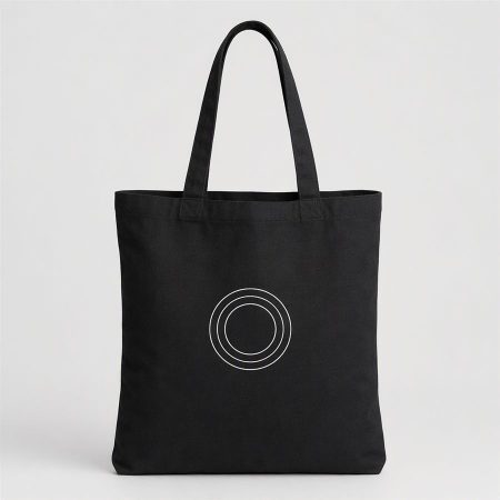 Washed black canvas tote with a concentric circle print