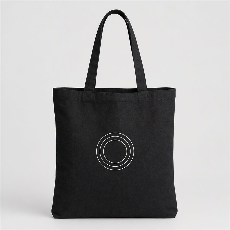 Washed black canvas tote with a concentric circle print