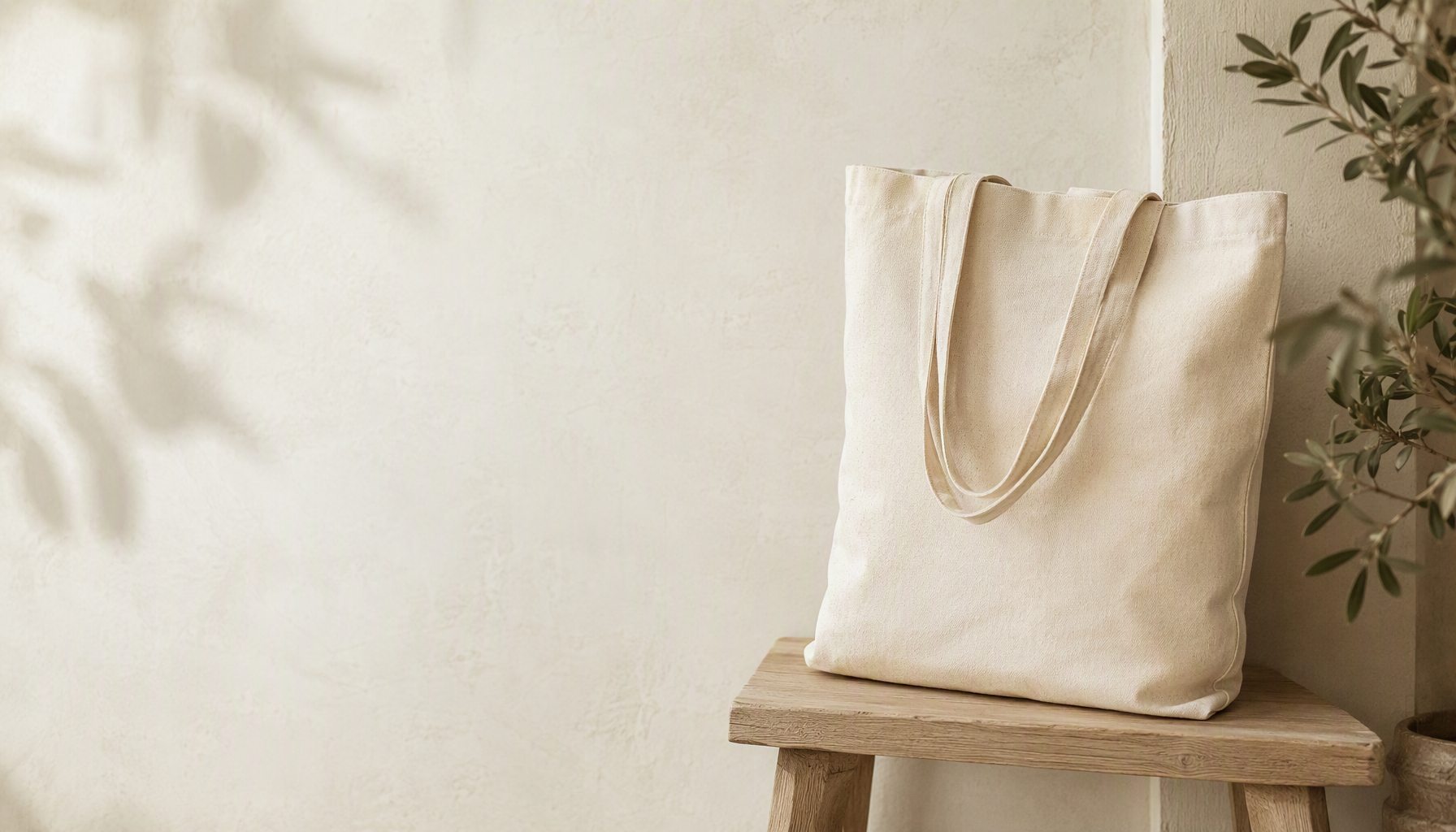 A blank natural canvas tote on a pale oak stool against a warm plaster wall