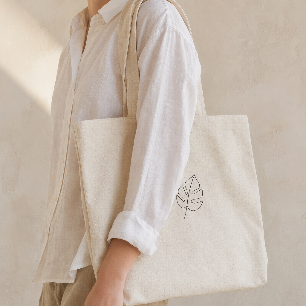 Single leaf line-print tote carried on the shoulder - in-use view